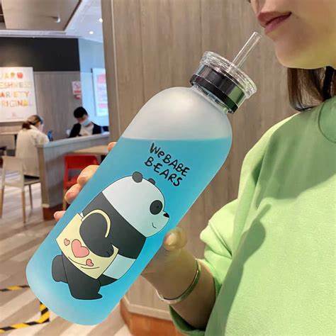 panda water bottle with cap and straw
